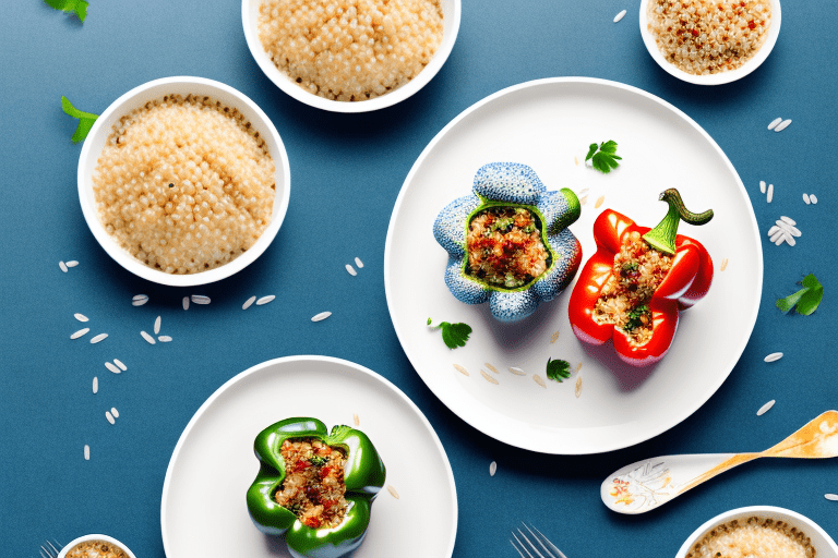 A plate of quinoa stuffed peppers with a bowl of rice on the side