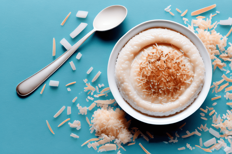 A bowl of steaming coconut rice pudding with a spoon and a sprinkle of toasted coconut flakes