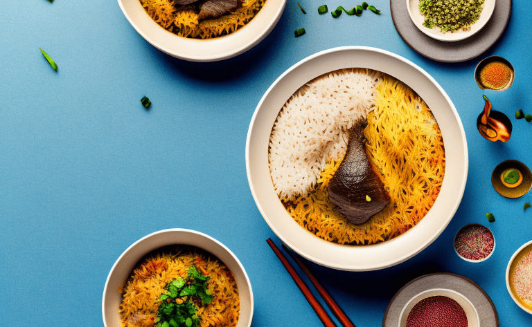 A bowl of steaming beef biryani with a variety of colorful rice grains