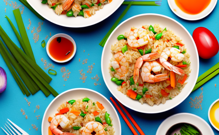 A bowl of shrimp fried rice with colorful vegetables and shrimp