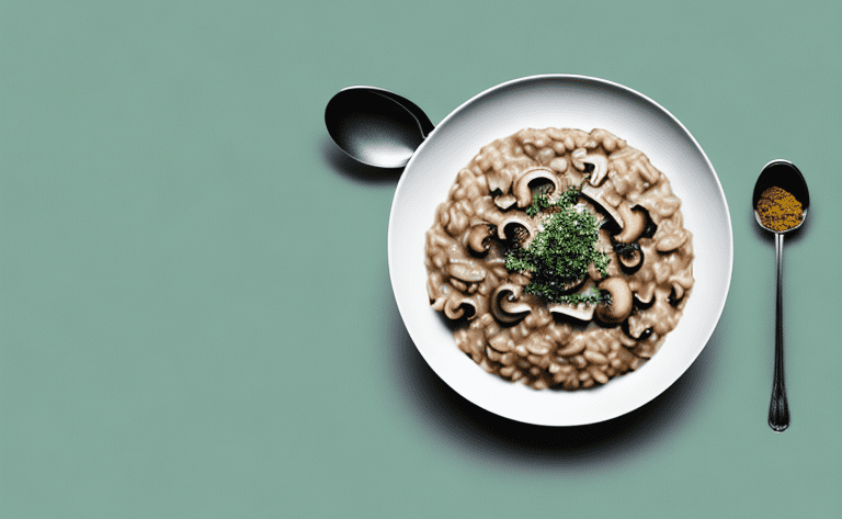 A bowl of mushroom risotto with a spoon and a sprinkle of herbs