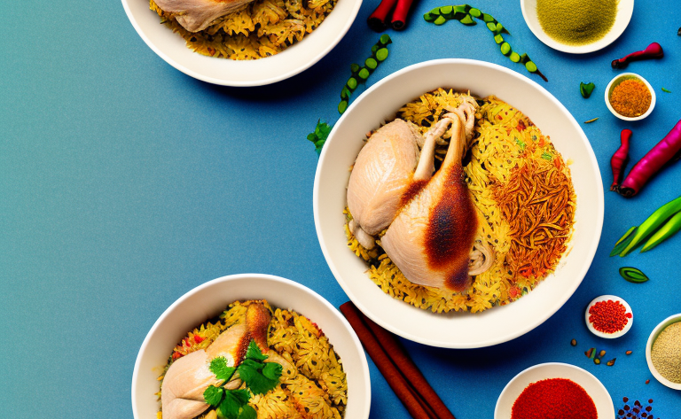 A bowl of steaming chicken biryani with a variety of colorful spices and herbs sprinkled on top