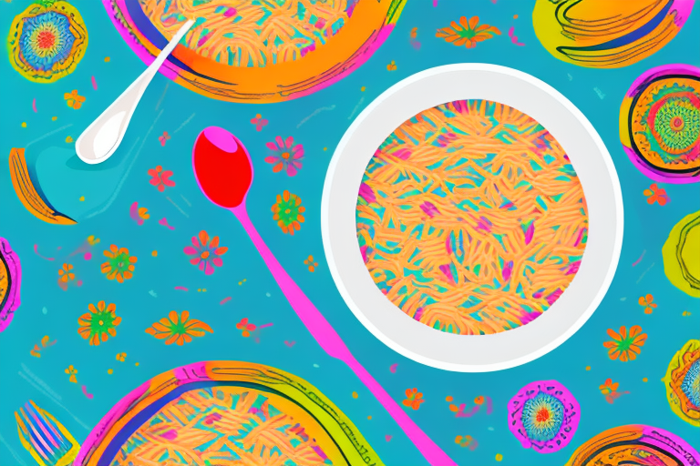 A bowl of colorful mexican-style rice with a spoon
