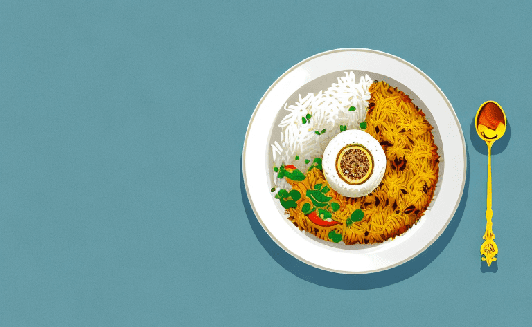A bowl of vegetable biryani with a spoon and a plate of steamed white rice beside it