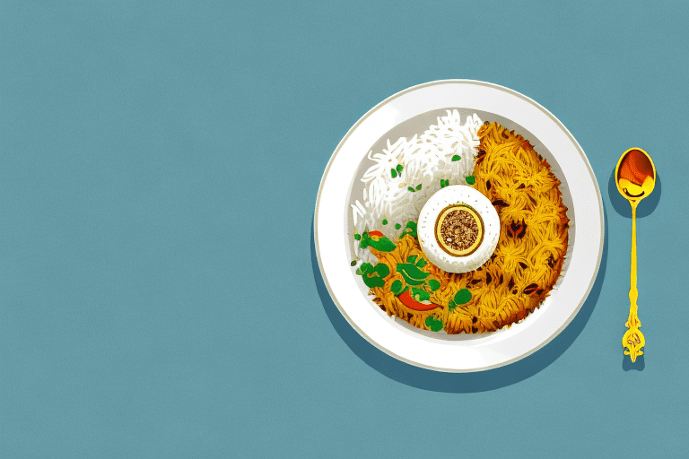 A bowl of vegetable biryani with a spoon and a plate of steamed white rice beside it