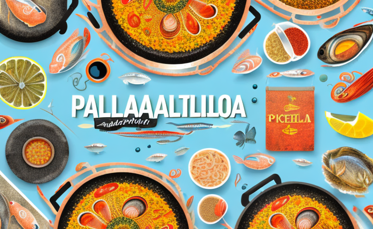 A colorful paella dish with a variety of seafood ingredients