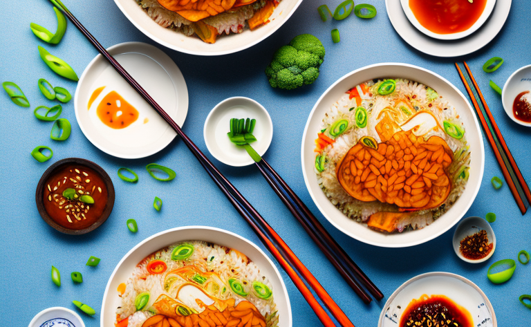 A bowl of steaming kimchi fried rice with a variety of colorful vegetables