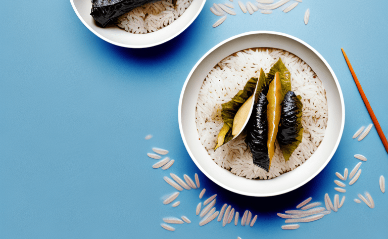 A bowl of cooked rice with stuffed grape leaves on top