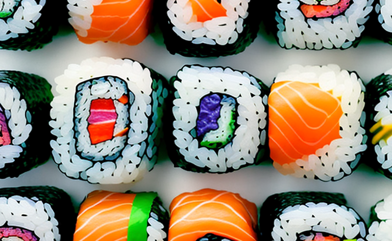 A variety of colorful sushi rolls with different types of rice