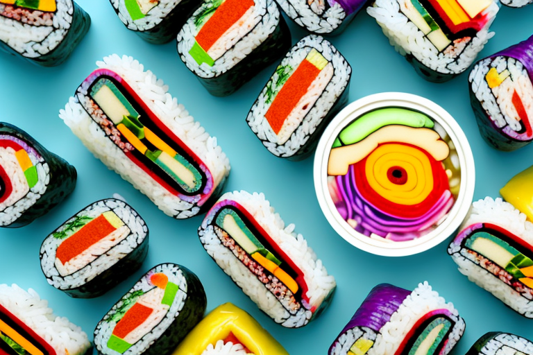 A bowl of colorful kimbap with a variety of ingredients