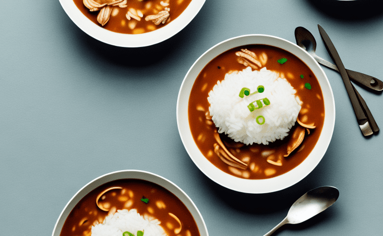 A bowl of steaming gumbo with a side of fluffy white rice