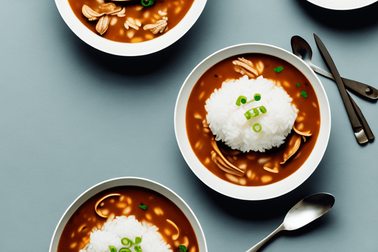 A bowl of steaming gumbo with a side of fluffy white rice