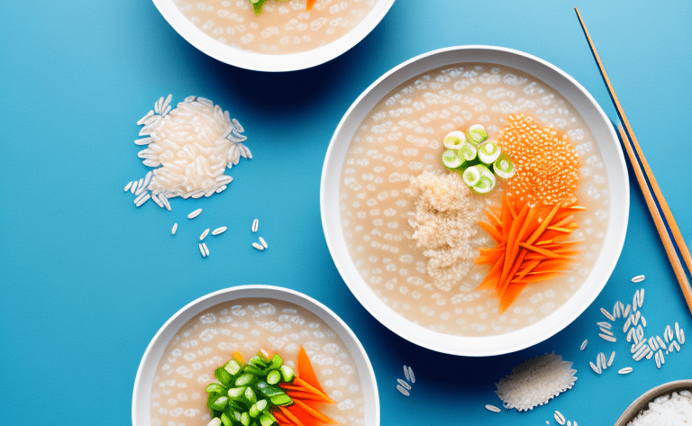 A bowl of congee with a variety of different types of rice scattered around it