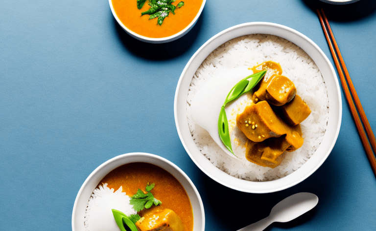 A bowl of steaming fragrant curry with a side of fluffy white rice