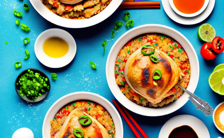 A bowl of steaming arroz con pollo with a variety of colorful ingredients