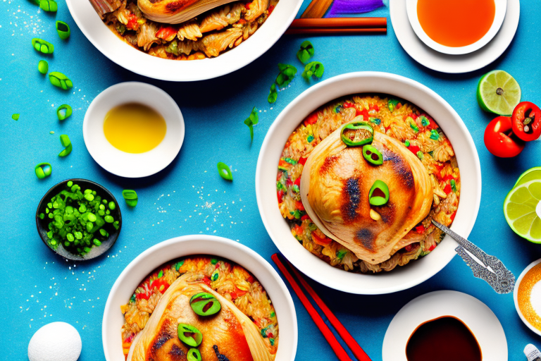 A bowl of steaming arroz con pollo with a variety of colorful ingredients