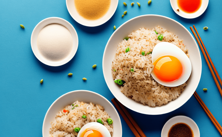 A bowl of fried rice with a variety of ingredients