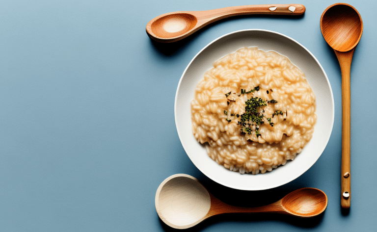 A bowl of steaming risotto with a wooden spoon