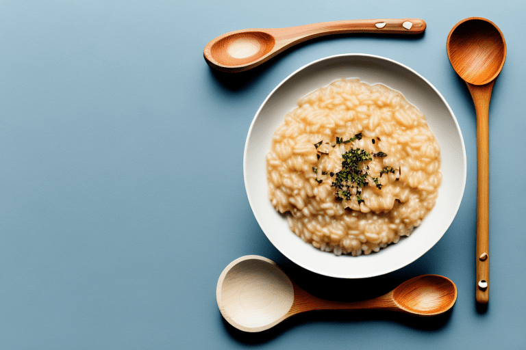 A bowl of steaming risotto with a wooden spoon