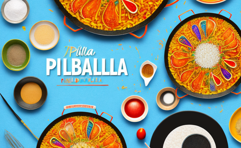 A colorful paella dish with a variety of ingredients