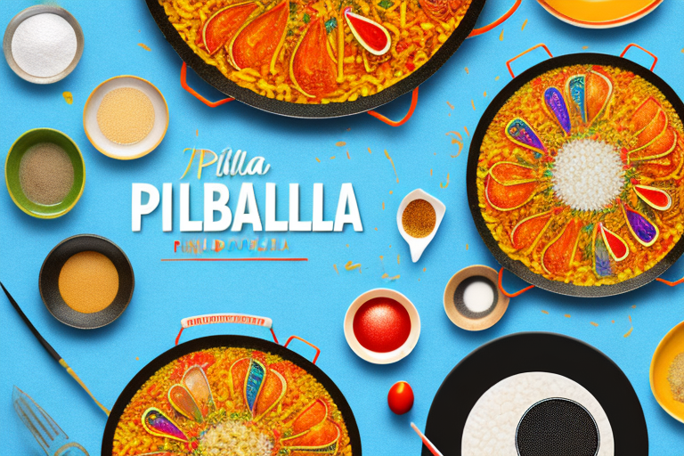 A colorful paella dish with a variety of ingredients
