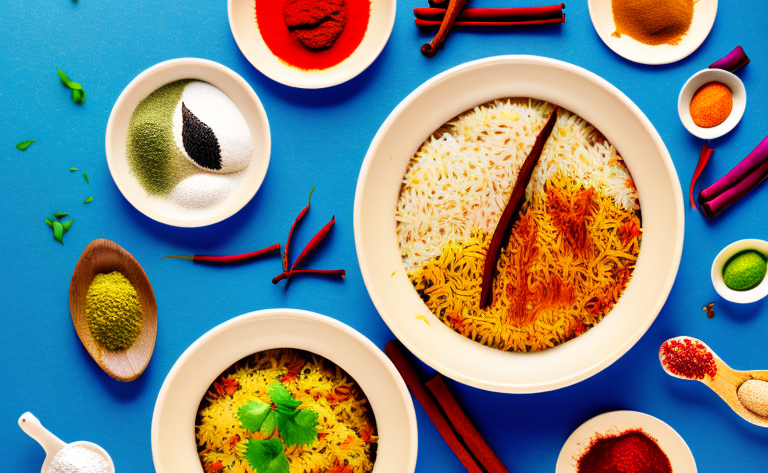A bowl of steaming biryani with a variety of colorful spices and ingredients