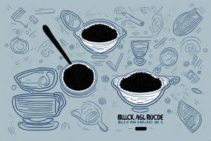 A bowl of black rice with a spoon and a measuring cup