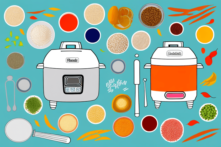 A rice cooker with a variety of colorful and healthy ingredients around it