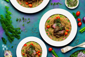 A plate of lamb pilaf with colorful vegetables and herbs