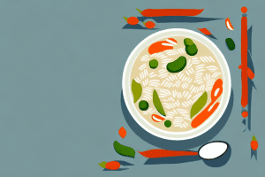 A steaming bowl of chicken and rice soup with vegetables