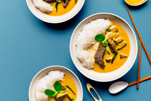 A bowl of thai yellow curry beef with coconut rice