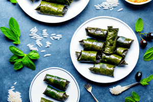 A plate of greek dolmades (stuffed grape leaves) with rice