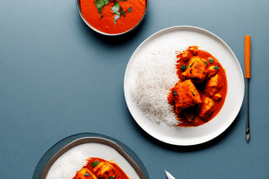 A plate of indian chicken tikka masala with basmati rice