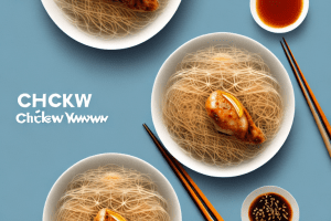 A bowl of chicken chow mein with both rice vermicelli and egg noodles