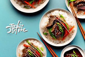 A colorful teriyaki beef stir-fry with jasmine rice in a pan