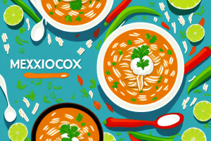 A bowl of mexican chicken and rice soup with colorful vegetables and herbs