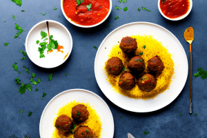 A plate of moroccan lamb meatballs with saffron rice