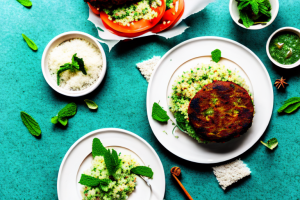 A moroccan-style spiced lamb burger with a side of mint couscous
