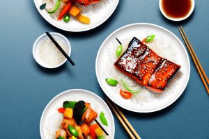 A plate of teriyaki glazed salmon and vegetable skewers with rice