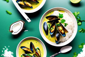 A bowl of steaming thai green curry mussels with a side of coconut rice