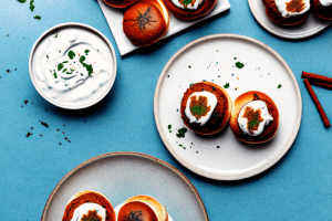 A plate of moroccan spiced lamb sliders with a side of harissa yogurt sauce