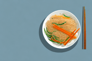 A bowl of vegetable chow mein with both rice vermicelli and lo mein noodles