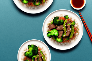 A plate of beef stir-fry with broccoli and rice