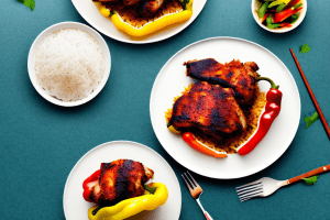 A plate of jamaican jerk chicken with bell peppers and rice