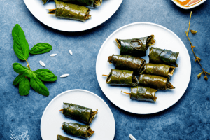 A plate of greek dolmades (stuffed grape leaves) with rice and lamb