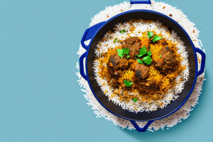 A pot of indian lamb biryani with fragrant basmati rice and peas