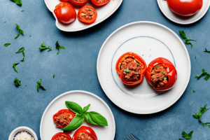 A plate of greek-style stuffed tomatoes with rice and ground beef