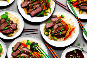 A colorful stir-fry dish with teriyaki glazed beef and vegetables served over a bed of steamed white rice