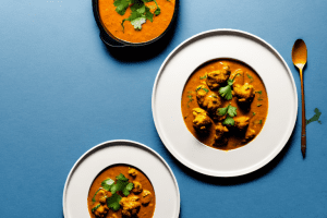 A plate of indian lamb korma with basmati rice and cauliflower