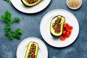 A plate of greek-style stuffed zucchini with rice